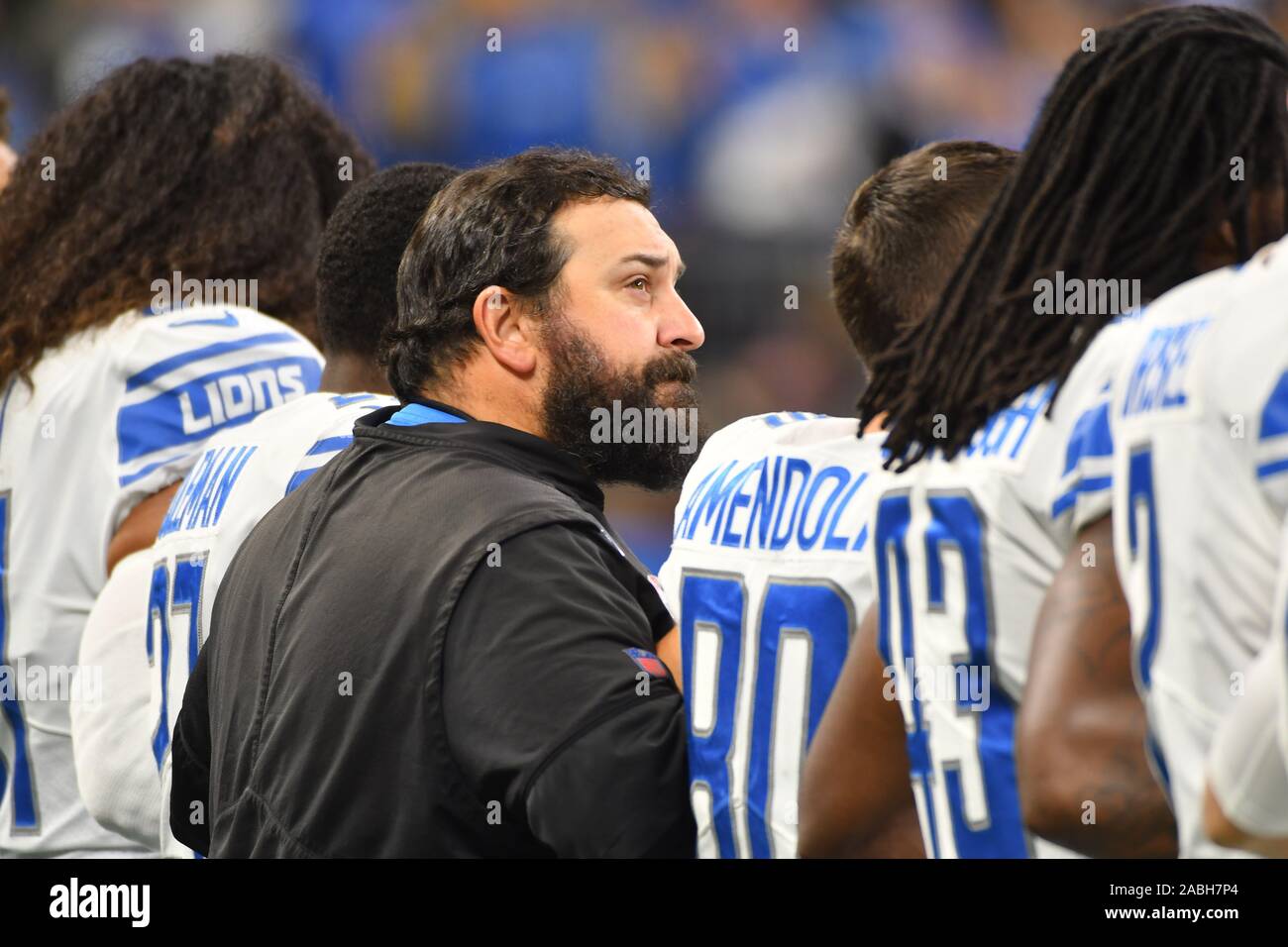DETROIT, MI - NOVEMBER 17: Detroit Lions head coach Matt Patricia during the national anthem prior to the NFL game between Dallas Cowboys and Detroit Lions on November 17, 2019 at Ford Field in Detroit, MI (Photo by Allan Dranberg/Cal Sport Media) Stock Photo
