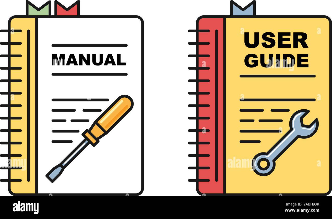 User guide book - manual or instructions icons, spiral book with tools Stock Vector