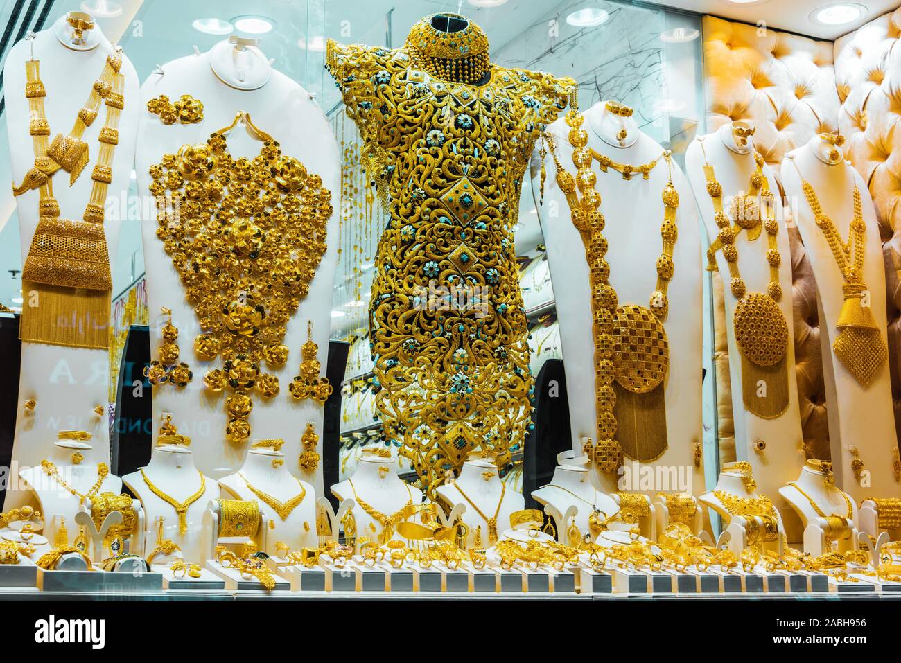 DUBAI, UNITED ARAB EMIRATES - FEB 7, 2019: Show window of a jewelry store in Dubai Gold Souk, United Arab Emirates. Stock Photo