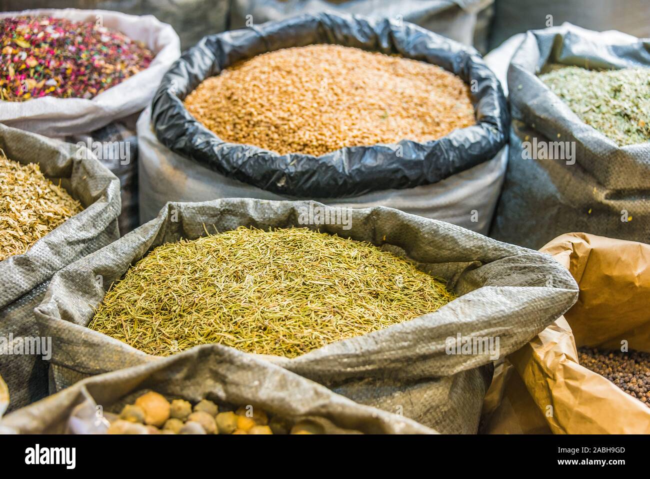 Dried food stuff sold in Dubai Souk, United Arab Emirates Stock Photo