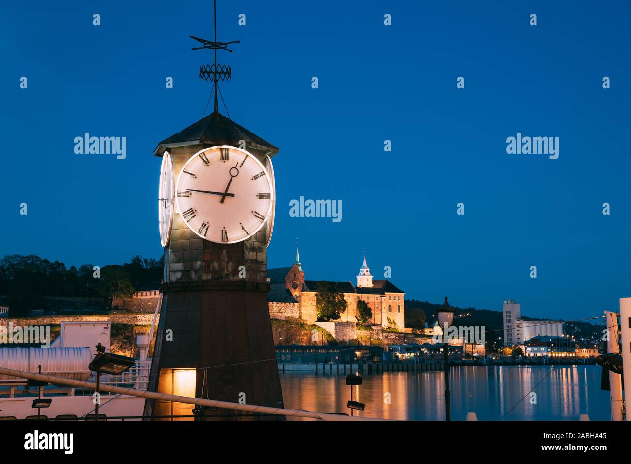 Oslo. Norway. Old Clock at Aker Brygge In Oslo Embankment, Norway