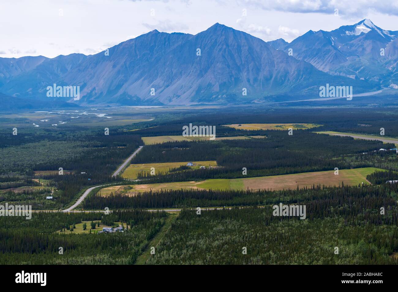 Aerial view of farmlands north of Haines Junction, Yukon, Canada Stock