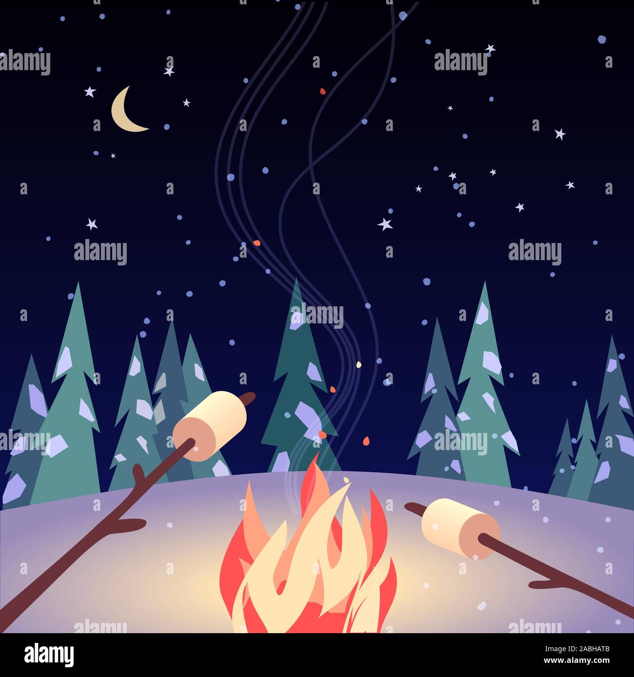 Marshmallow roast on winter campfire vector poster Stock Vector