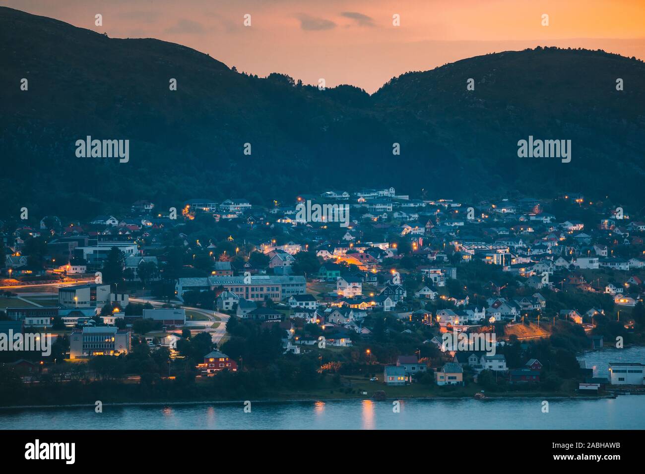 Alesund, Norway - June 21, 2019: Night View Of Residential Area In Alesund Skyline. Cityscape In Summer Morning. Stock Photo