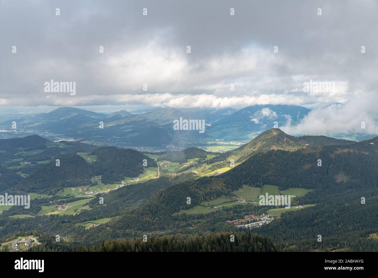 Panorama view of Berchtesgaden National Park from Kehlsteinhaus (Eagle's Nest) on top of Obersalzberg in Berchtesgaden, Bavaria, Germany Stock Photo