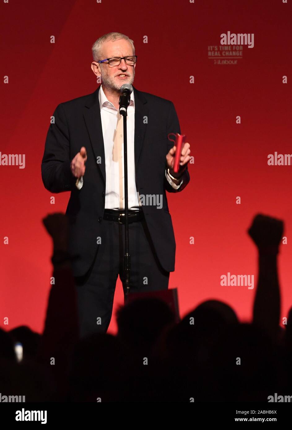 Labour leader Jeremy Corbyn speaks at a climate emergency rally in Falmouth, Cornwall, while on the General Election campaign trail. Stock Photo