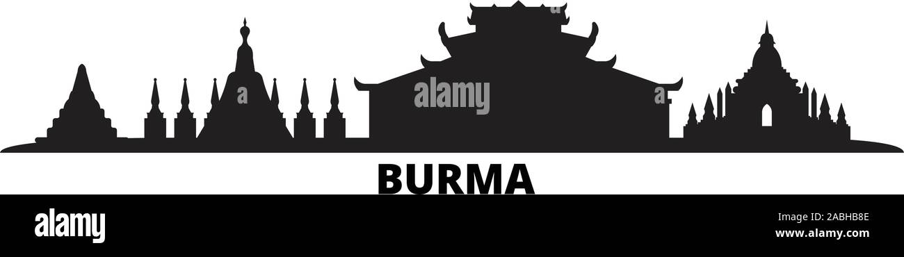 Burma city skyline isolated vector illustration. Burma travel cityscape with landmarks Stock Vector
