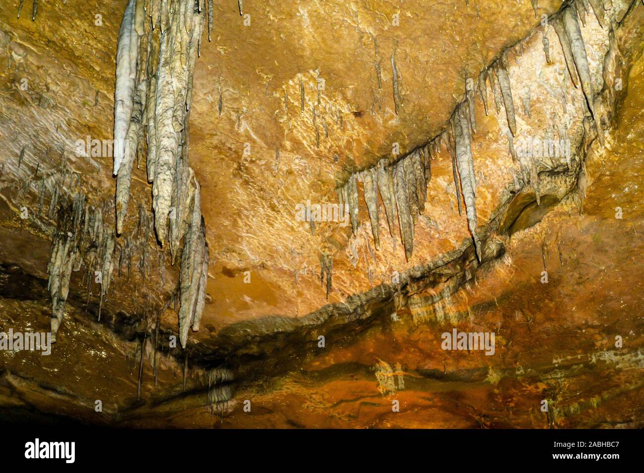 Illuminated Cave with stalactites background Stock Photo