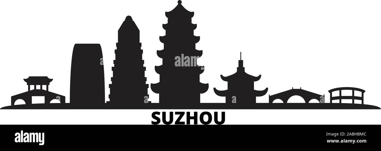China, Suzhou city skyline isolated vector illustration. China, Suzhou travel cityscape with landmarks Stock Vector