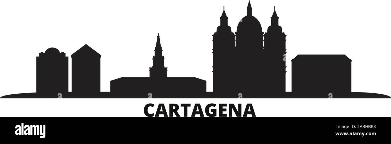 Colombia, Cartagena city skyline isolated vector illustration. Colombia, Cartagena travel cityscape with landmarks Stock Vector