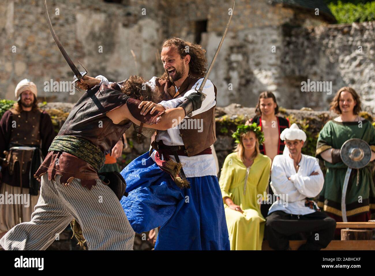 Žiče, Slovenia, July 22, 2007: Ottoman wariors fight in a duel during the Fiery Carthusia Medieval reenactment event in Žiče carthusian monastery, Slovenia, in 2007. Stock Photo