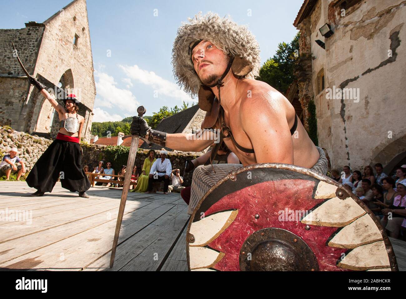 Žiče, Slovenia, July 22, 2007: Ottoman wariors fight at a tournament during the Fiery Carthusia Medieval reenactment event in Žiče carthusian monastery, Slovenia, in 2007. Stock Photo