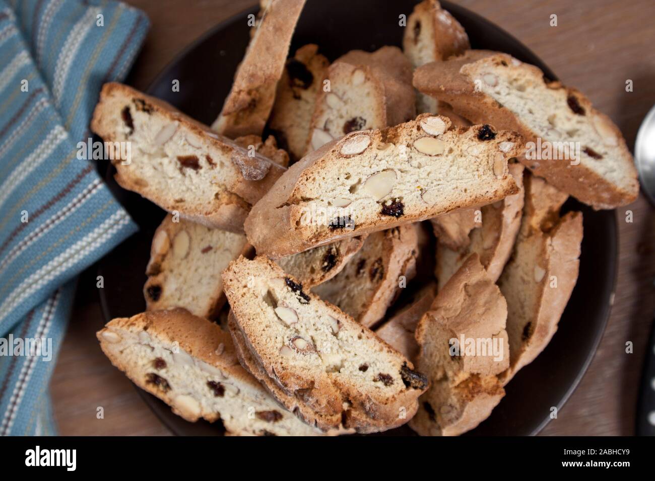 Italian style homemade Cantucci biscuits with almonds and raisin Stock
