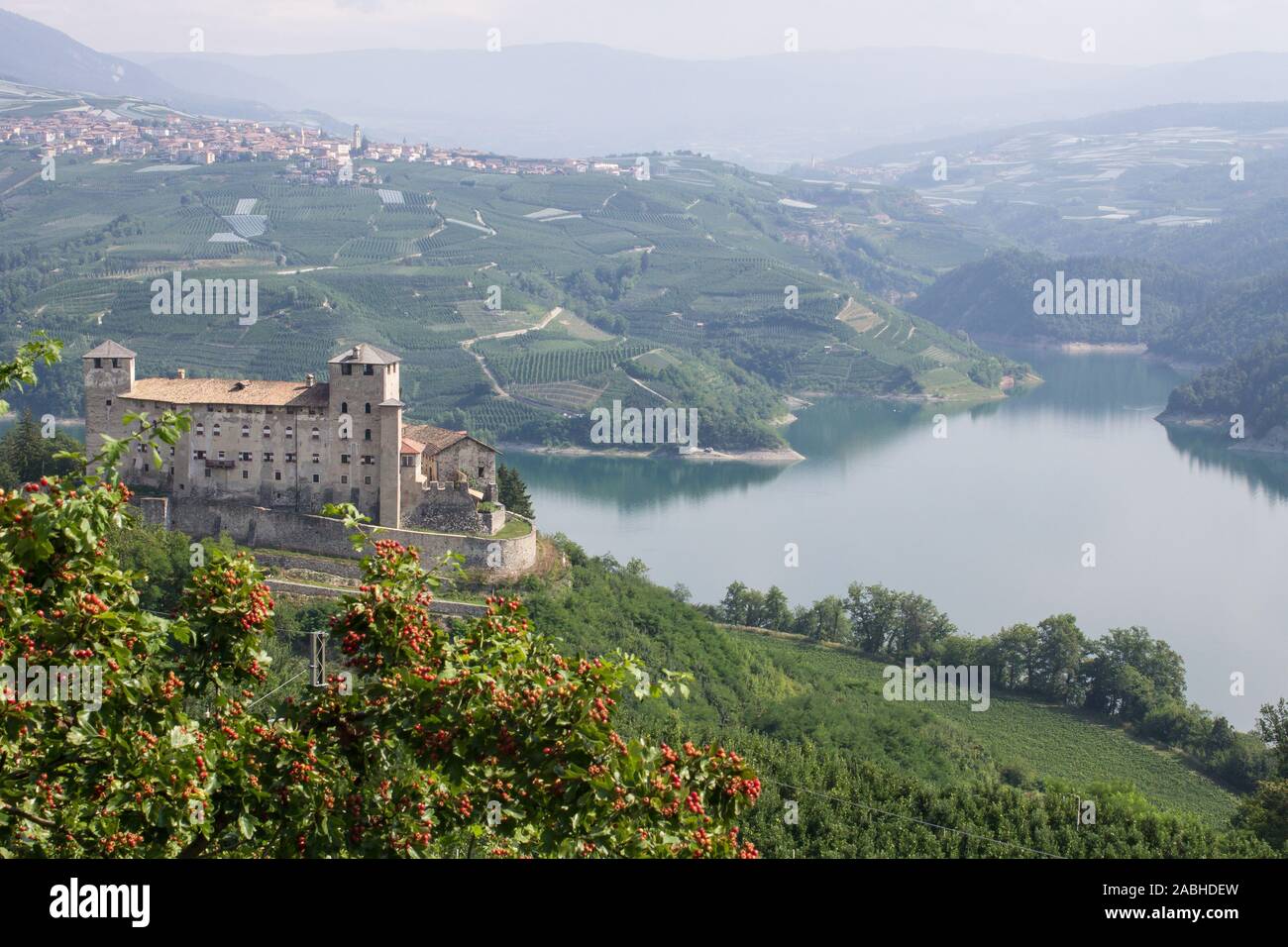 Castello di Cles e lago di Santa Giustina - Cles castle and Santa Giustina lake Stock Photo
