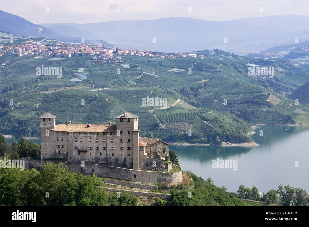 Castello di Cles e lago di Santa Giustina - Cles castle and Santa Giustina lake Stock Photo