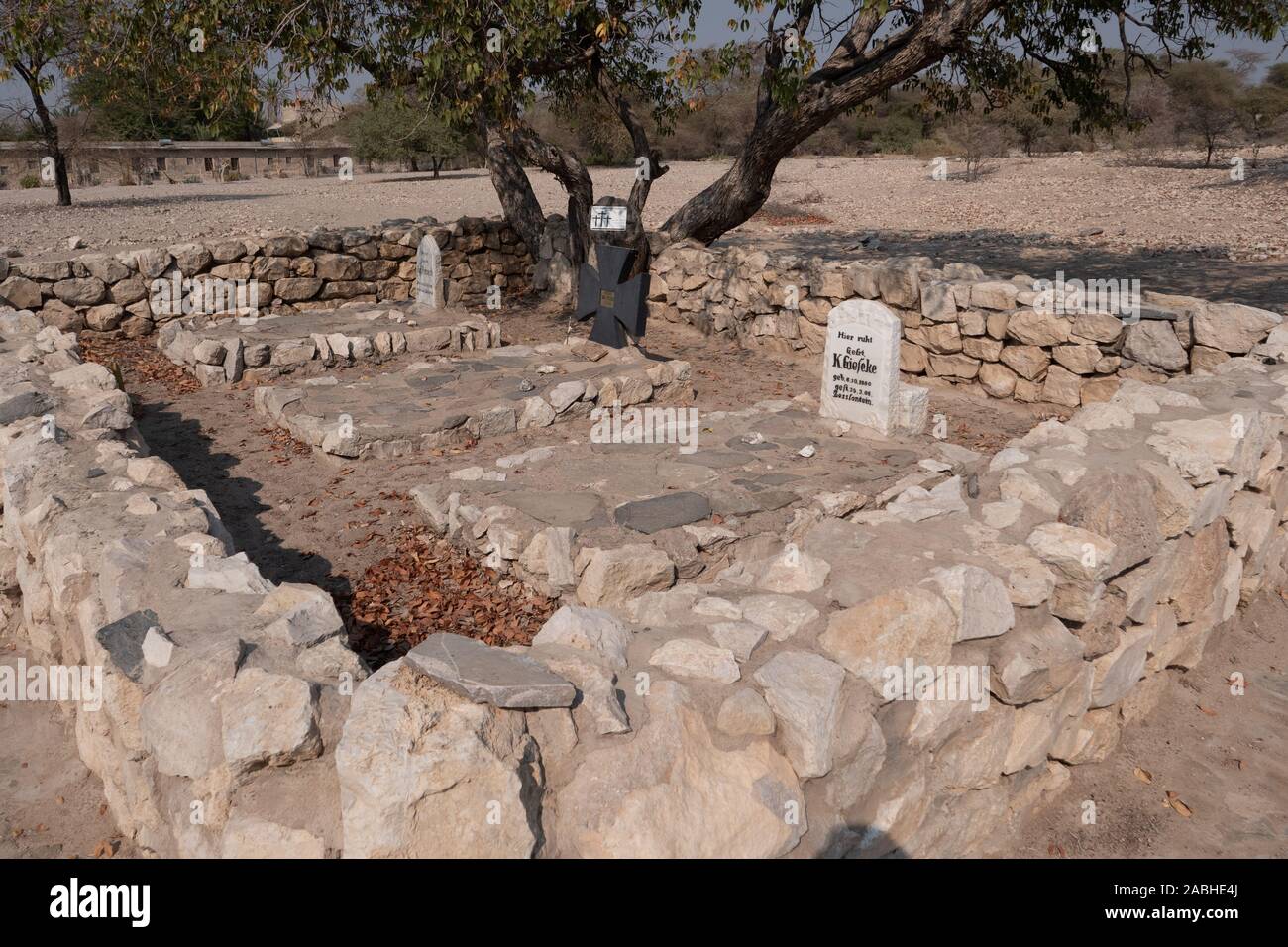 Sesfontein, Kaokoveld, Namibia - July 25 2019: Fort Sesfontein Cemetary with three Graves of soldiers of the German Schutztruppe. Stock Photo