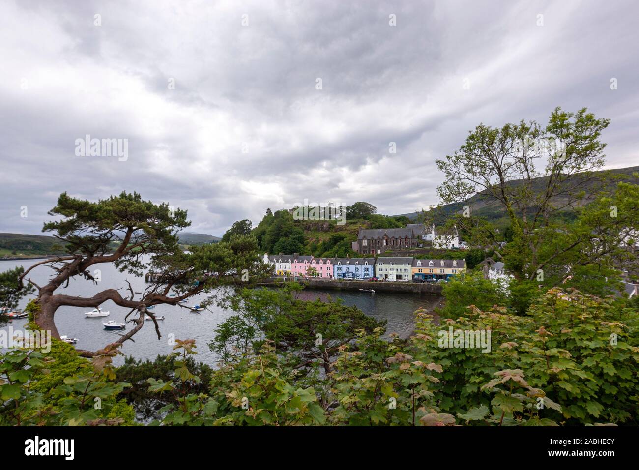 View of the colourful houses in Portree Harbour, Portree, Skye island