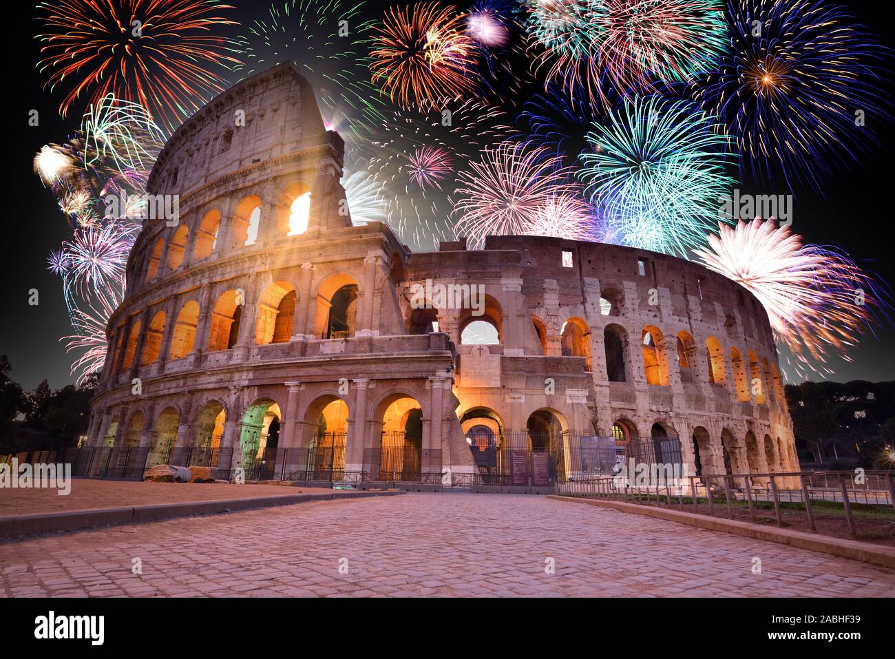Colorful Fireworks above the Colosseum in Rome, Italy. Celebrating New