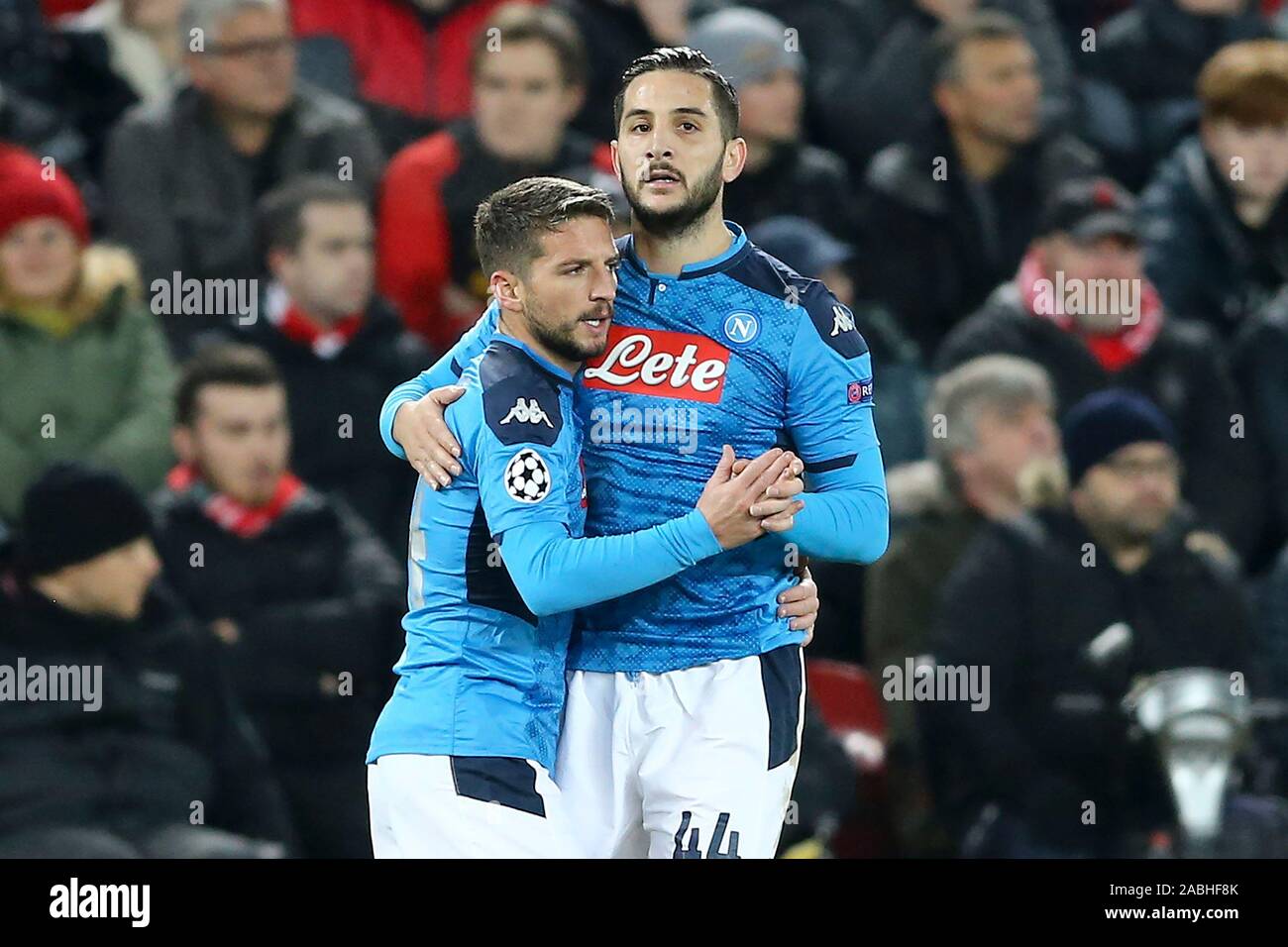 Liverpool Uk 27th Nov 2019 Dries Mertens Of Napoli L Celebrates With His Teammate Konstantinos Manolas