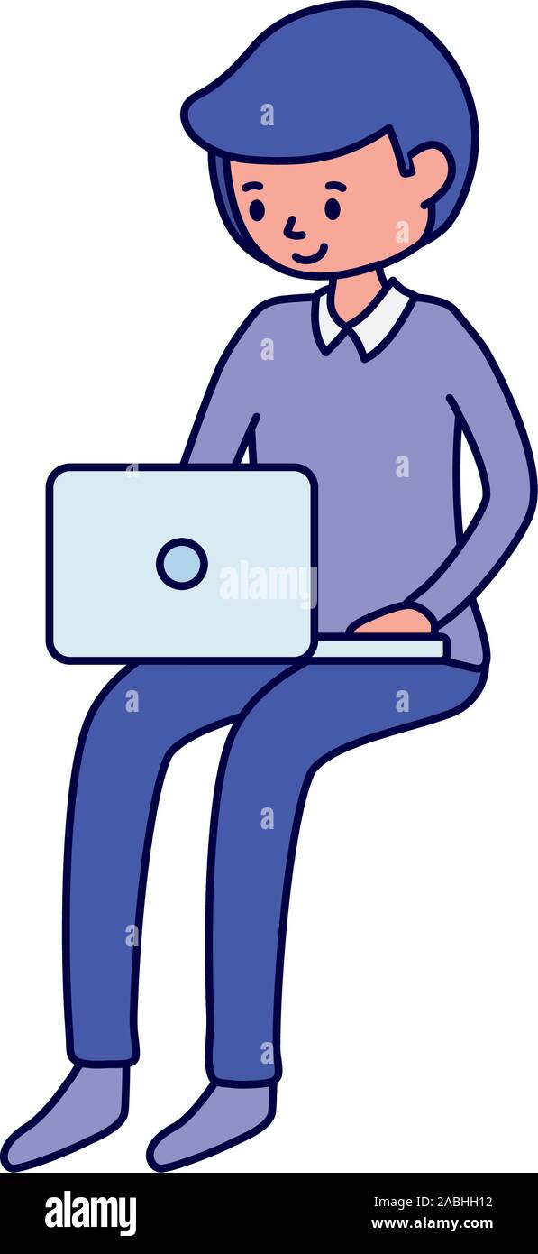 young man student with laptop learning online vector illustration Stock ...