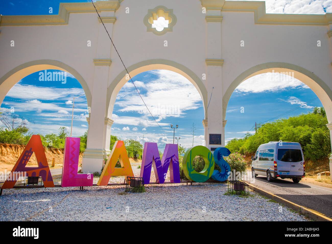 Colored letters at the entrance of the tourist town Alamos, Sonora