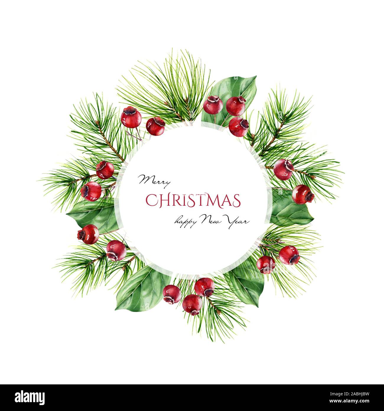 Round Christmas Frame With Pine Branches Red Berries And Place For Text Watercolor Illustration For Greeting Cards Banners Invitations Calendars Stock Photo Alamy