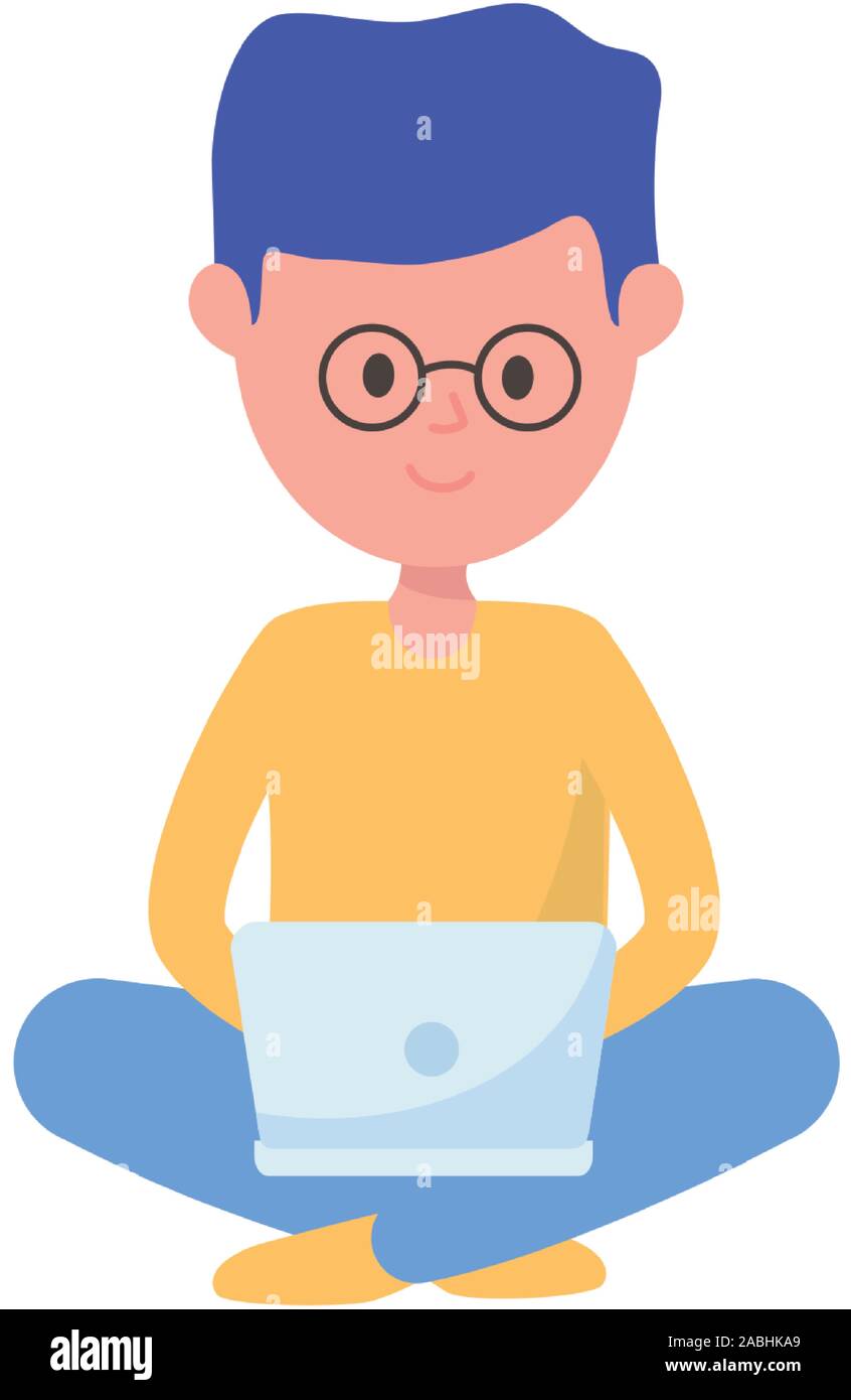 young man student with laptop learning online vector illustration Stock ...