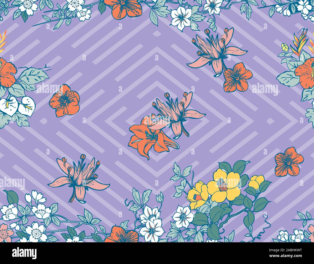 Colorful cute flowers on geometric background. - vector Stock Vector