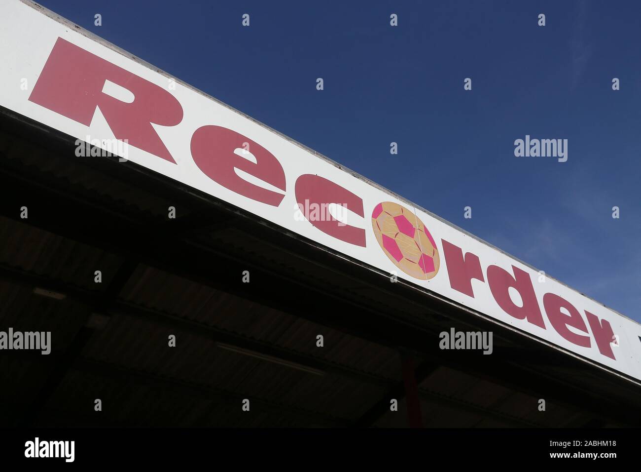 Recorder signage during Dagenham & Redbridge vs Hartlepool United