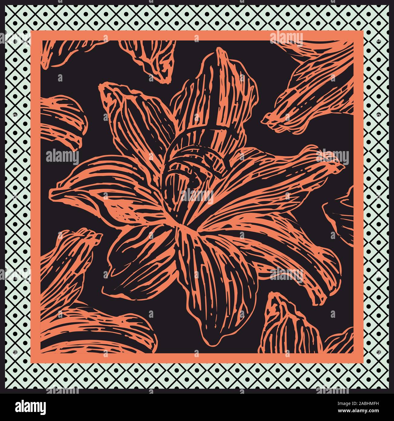 Hand drawn floral pattern in geometric frame. Orange flower isolated on black background. - vector Stock Vector