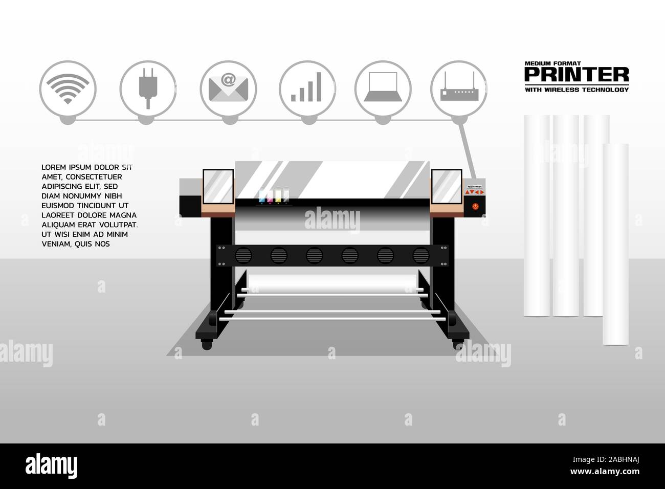 Medium format printer plotter, inkjet printing system with wireless function. Vary print heads and formats for print many products such as banner, sig Stock Vector