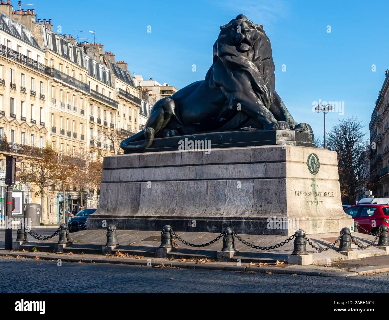 Lion of Belfort statue in Denfert Rochereau square Paris Stock Photo