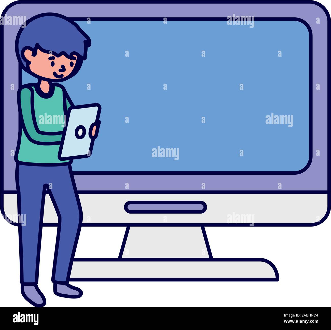 young student with tablet and monitor pc learning online vector