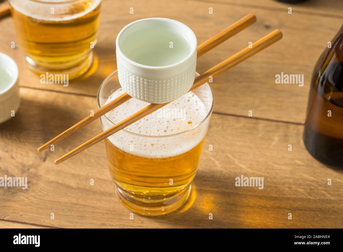 Alcoholic Japanese Sakebombs with Rice Wine and Beer Stock Photo
