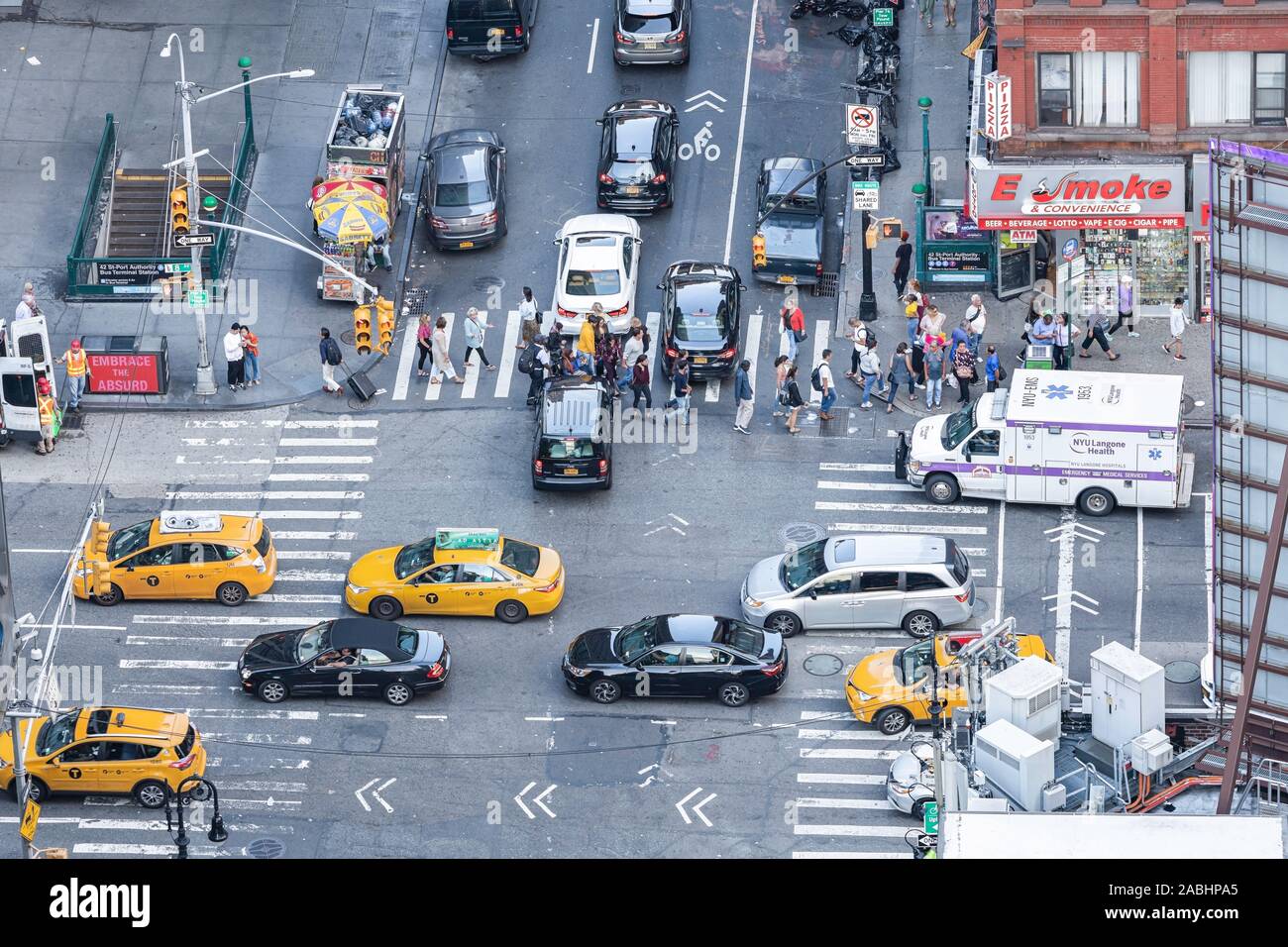 color image View from sky on the streets of New York City. Top view on the street with cars and people on the crossroad in NYC manhattan Stock Photo