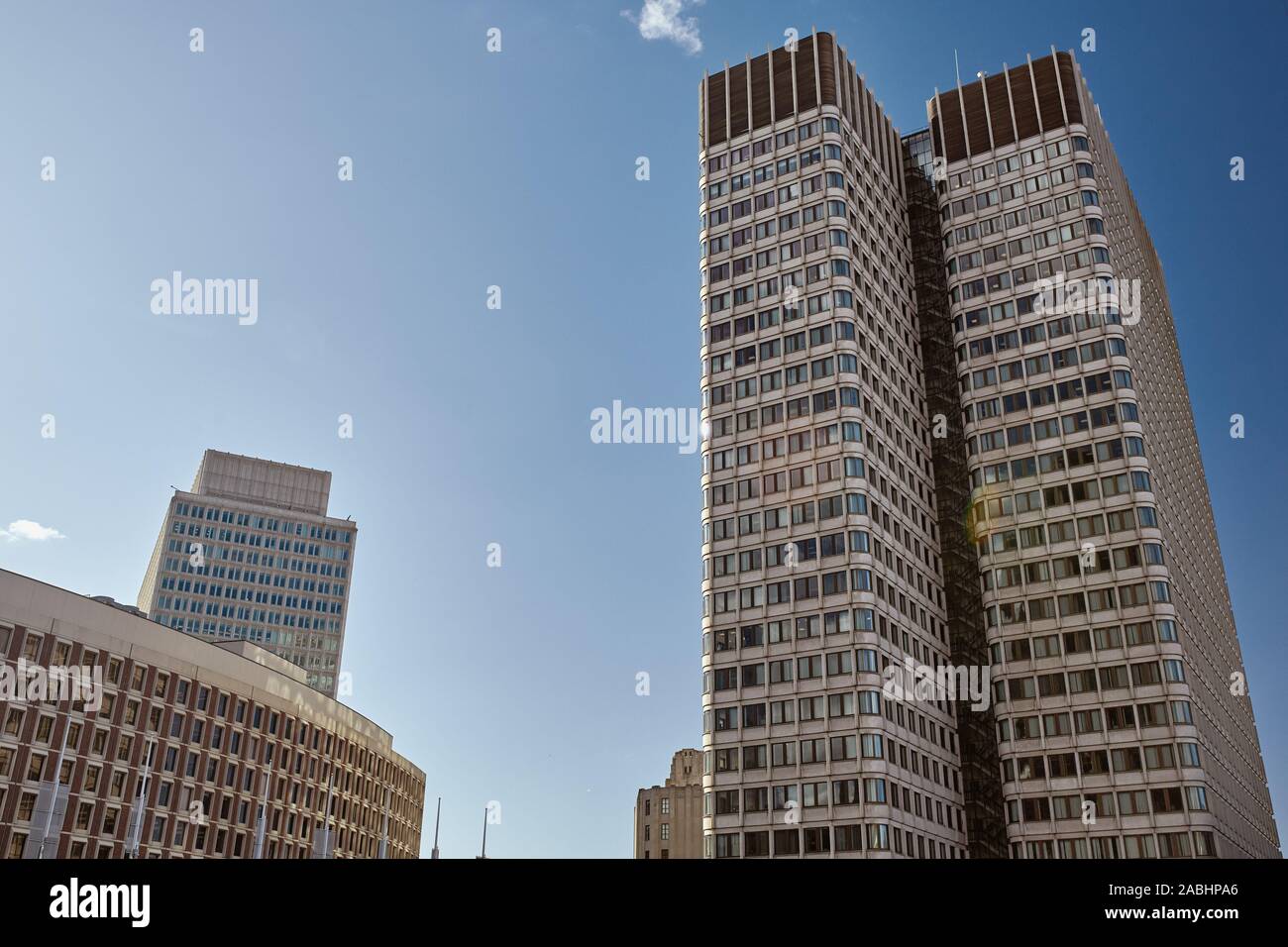 Skyline with view of John F. Kennedy Federal Building exterior in the Boston Government Center district of Boston. Stock Photo