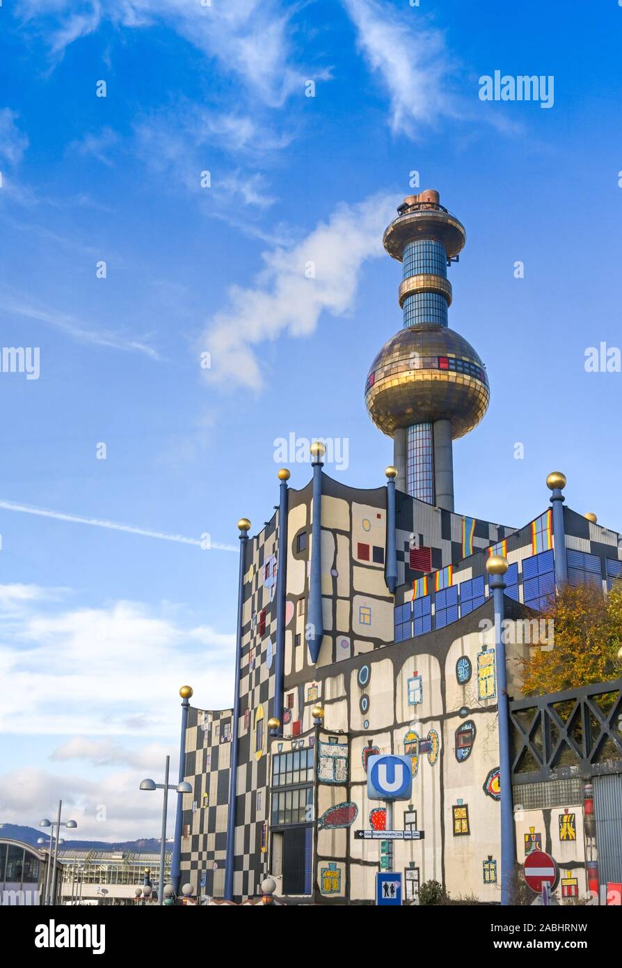 VIENNA, AUSTRIA - NOVEMBER 2019: The distinctive shape and painted exterior of the municipal waste incinerator, a landmark in Spittelau, Vienna Stock Photo