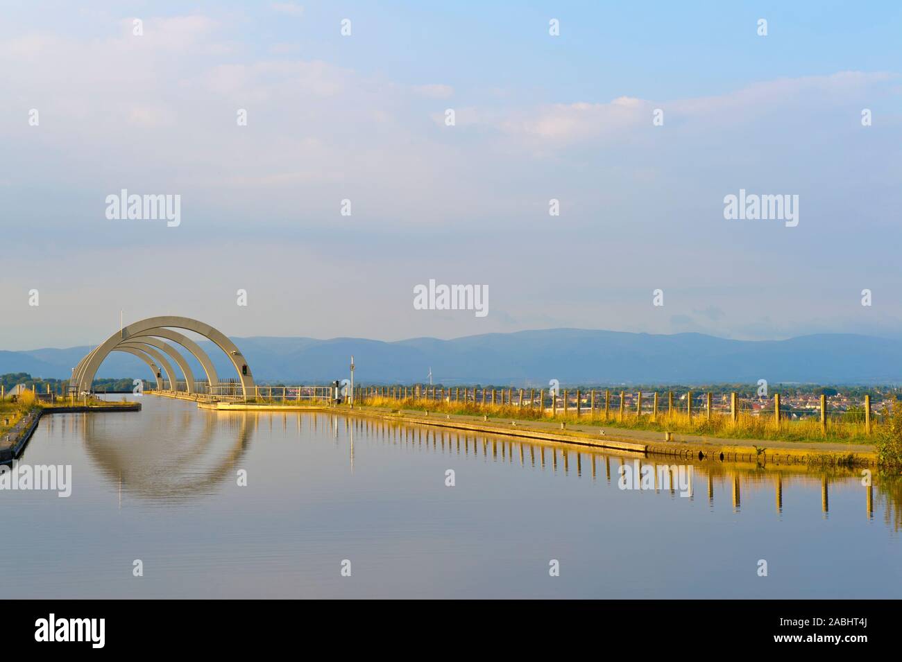 The canal flows under the Falkirk Arches to a sheer drop where boats are raised and lowered via the Falkirk wheel. Stock Photo