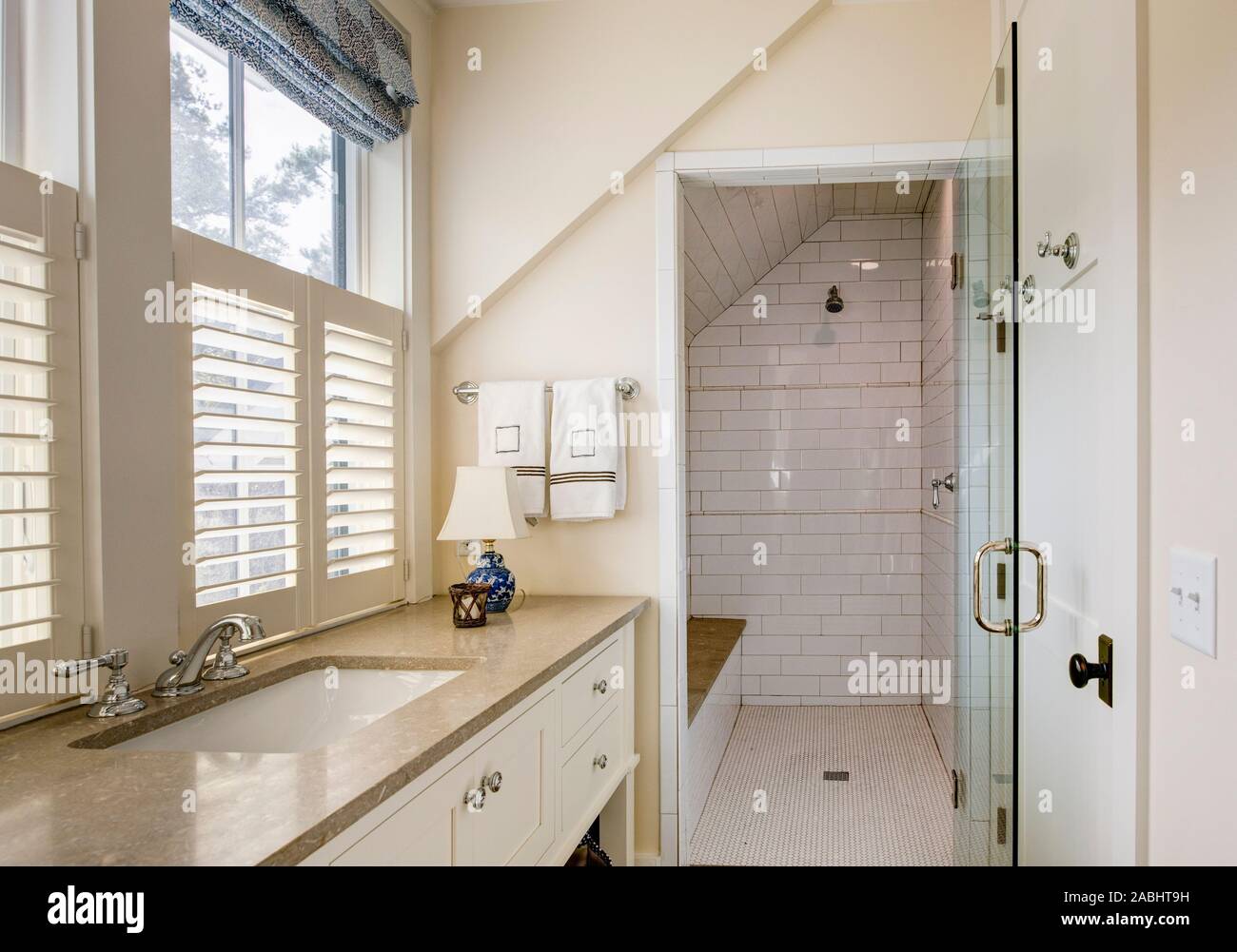 Bathroom interior with beautiful tile wheelchair accessible shower