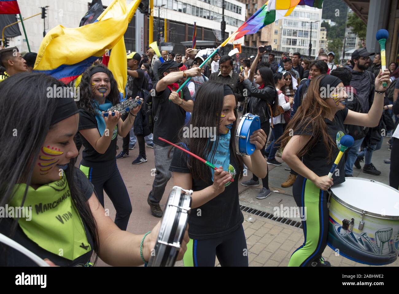 Bogota, Colombia. November 27, 2019: As Paro Nacional enters its seventh day, demonstrators march through the streets of central BogotÃ¡. On Tuesday, Colombia's President IvÃ¡n Duque met with the National Strike committee to address the wide range of issues being protested. Credit: Giles Campbell/ZUMA Wire/Alamy Live News Stock Photo