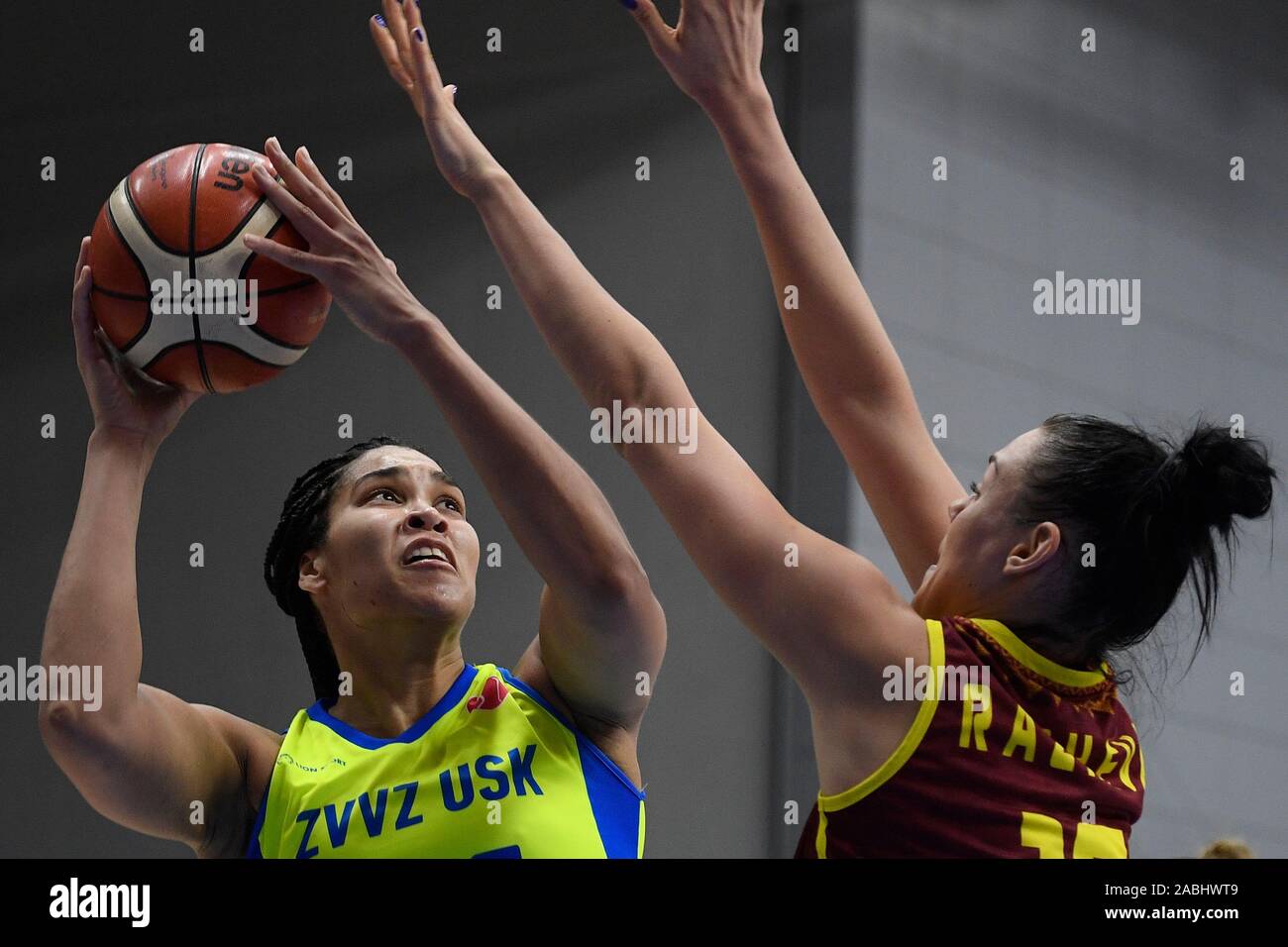 Prague, Czech Republic. 27th Nov, 2019. Brionna Jones of USK, left, and  Albina Razheva of Orenburg in action during the match of the 5th round of  group A of women's basketball European