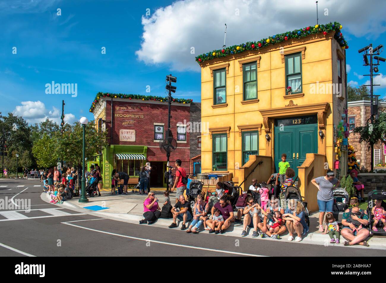 People waiting for the start of Sesame Street Christmas Parade at