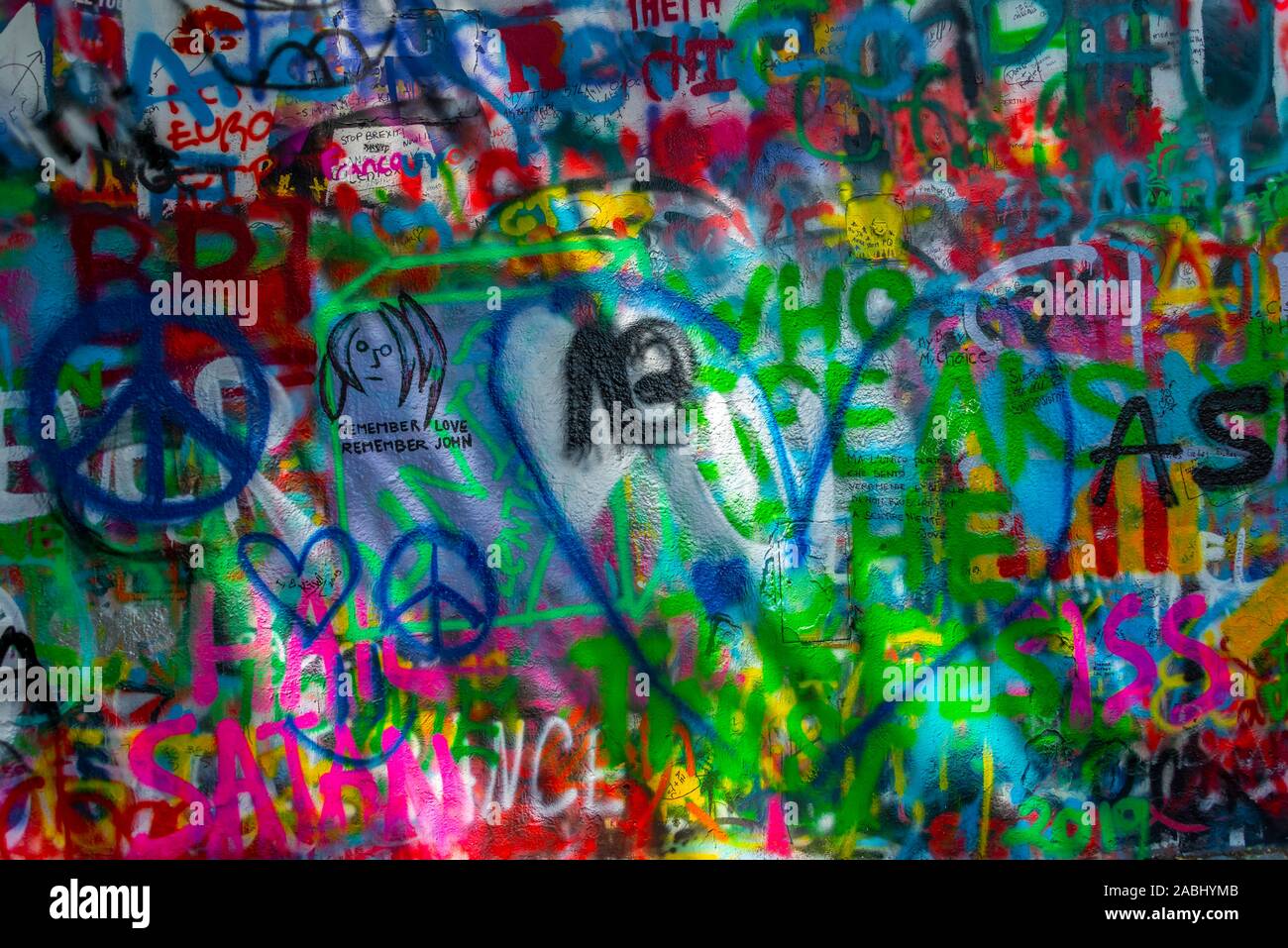Peace sign and heart, colourful graffiti on the John Lennon Wall, Prague, Bohemia, Czech Republic Stock Photo