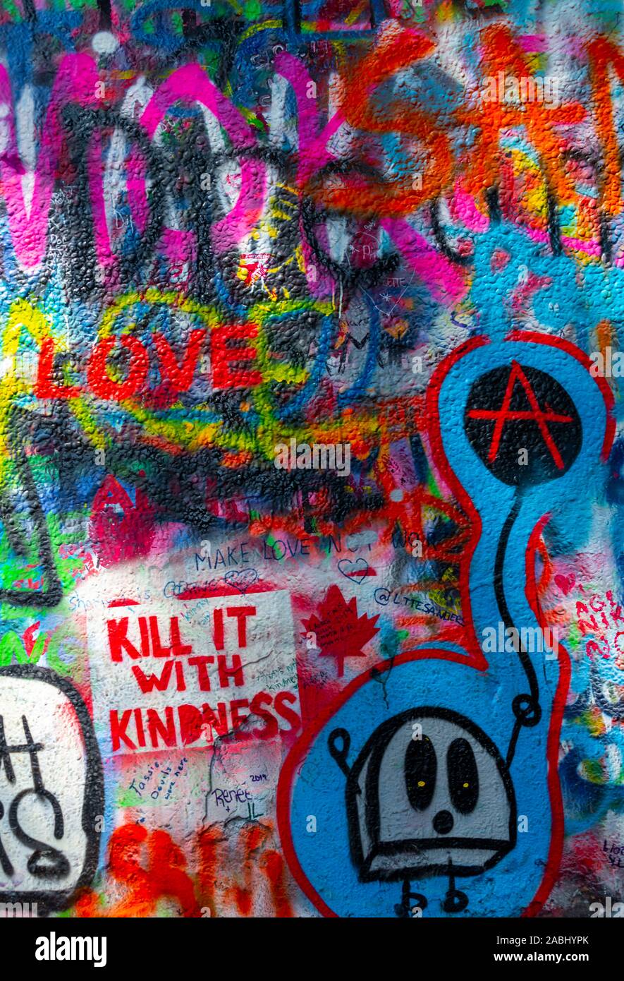 Kill it with Kindness, colourful graffiti on the John Lennon Wall, Prague, Bohemia, Czech Republic Stock Photo
