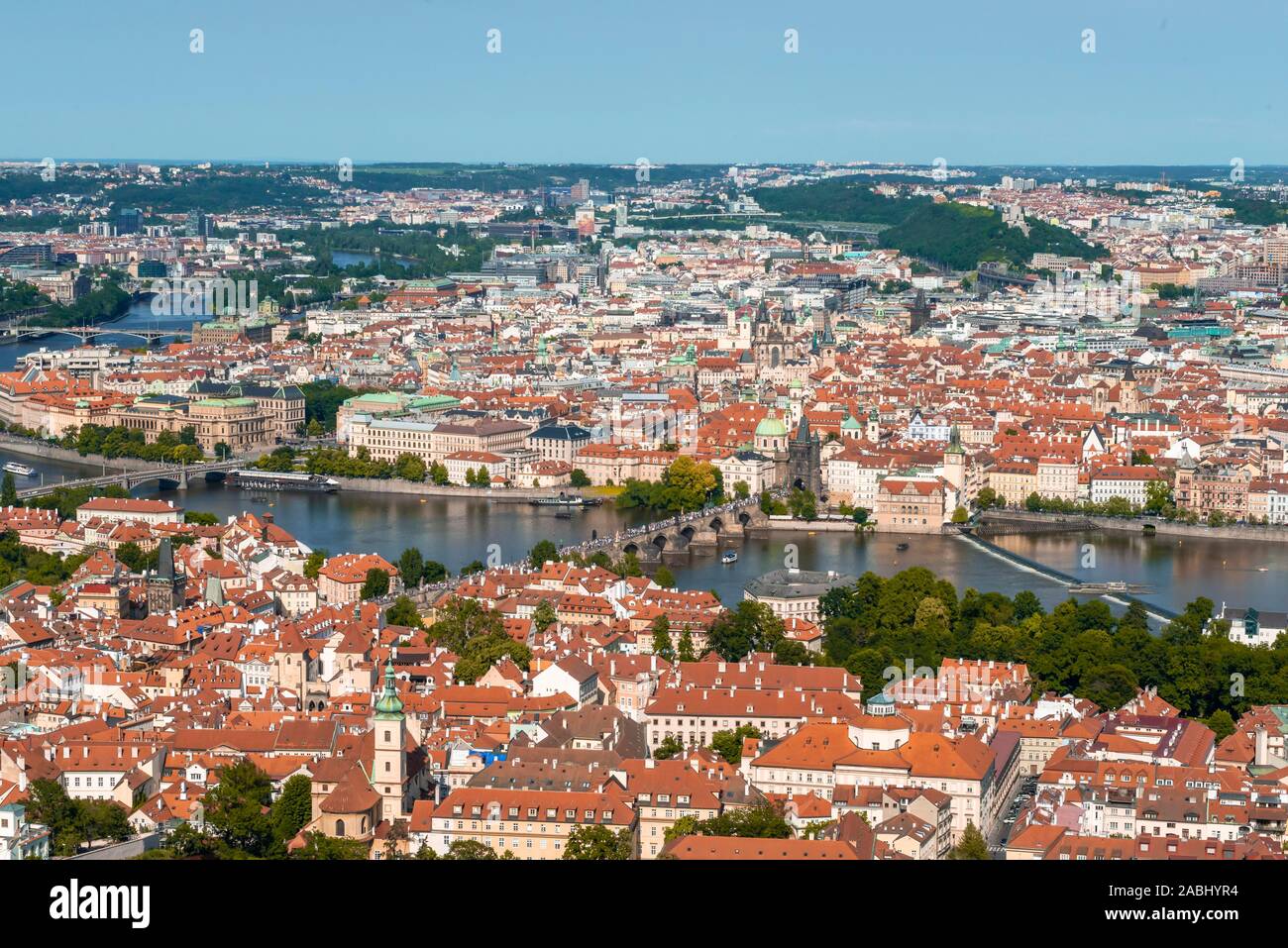 View from Petrin Park to Charles Bridge, Prague Old Town with Vltava River, Prague, Bohemia, Czech Republic Stock Photo