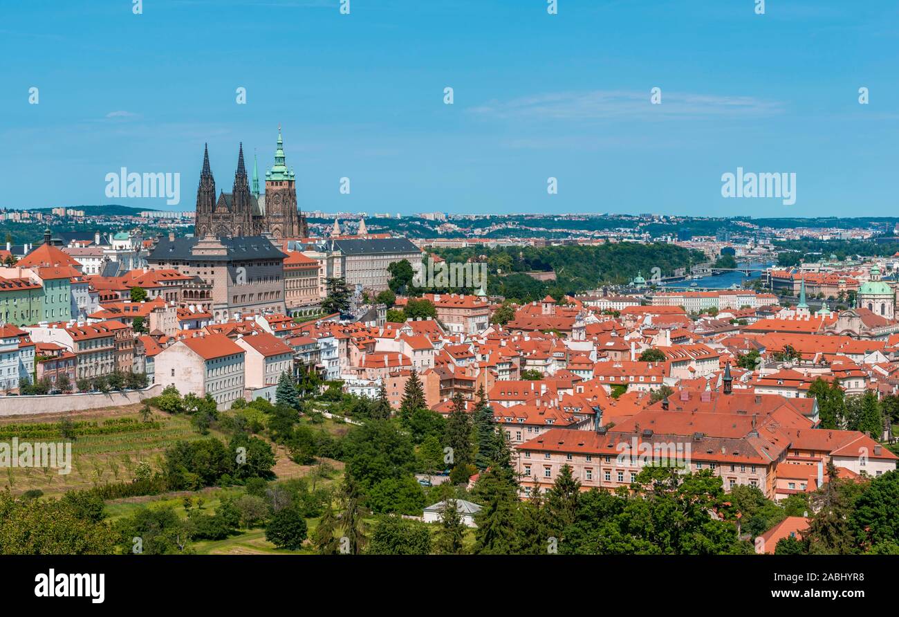 View from Petrin Park to St Vitus Cathedral and Prague Castle, Mala Strana and Old Town with Vltava River, Prague, Bohemia, Czech Republic Stock Photo