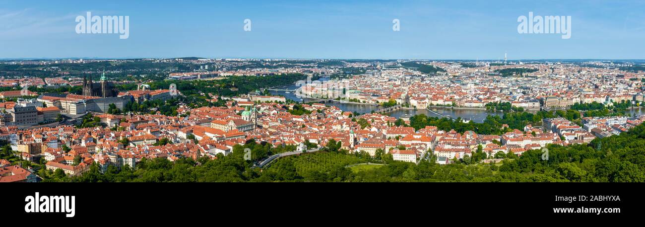 Panorma, view from Petrin Park to St Vitus Cathedral and Prague Castle, Mala Strana and Old Town with Vltava River, Prague, Bohemia, Czech Republic Stock Photo