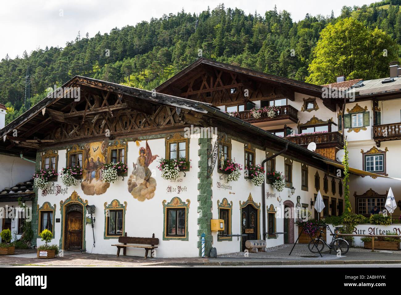 Mural painting, Hotel zur Post, Wallgau, Werdenfelser Land, Upper Bavaria, Bavaria, Germany Stock Photo