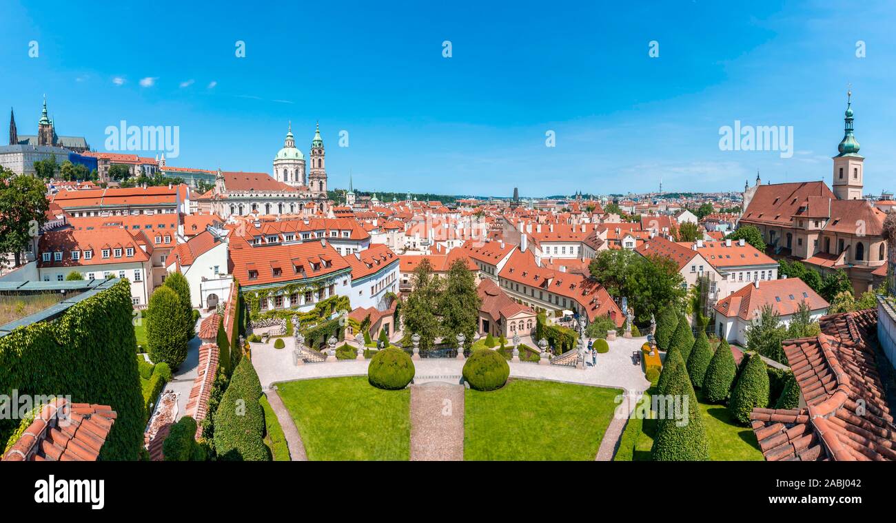 Vrtba garden in baroque style, left St. Nicholas church, right Church of Our Lady Victorious, Mala Strana, Prague, Czech Republic Stock Photo