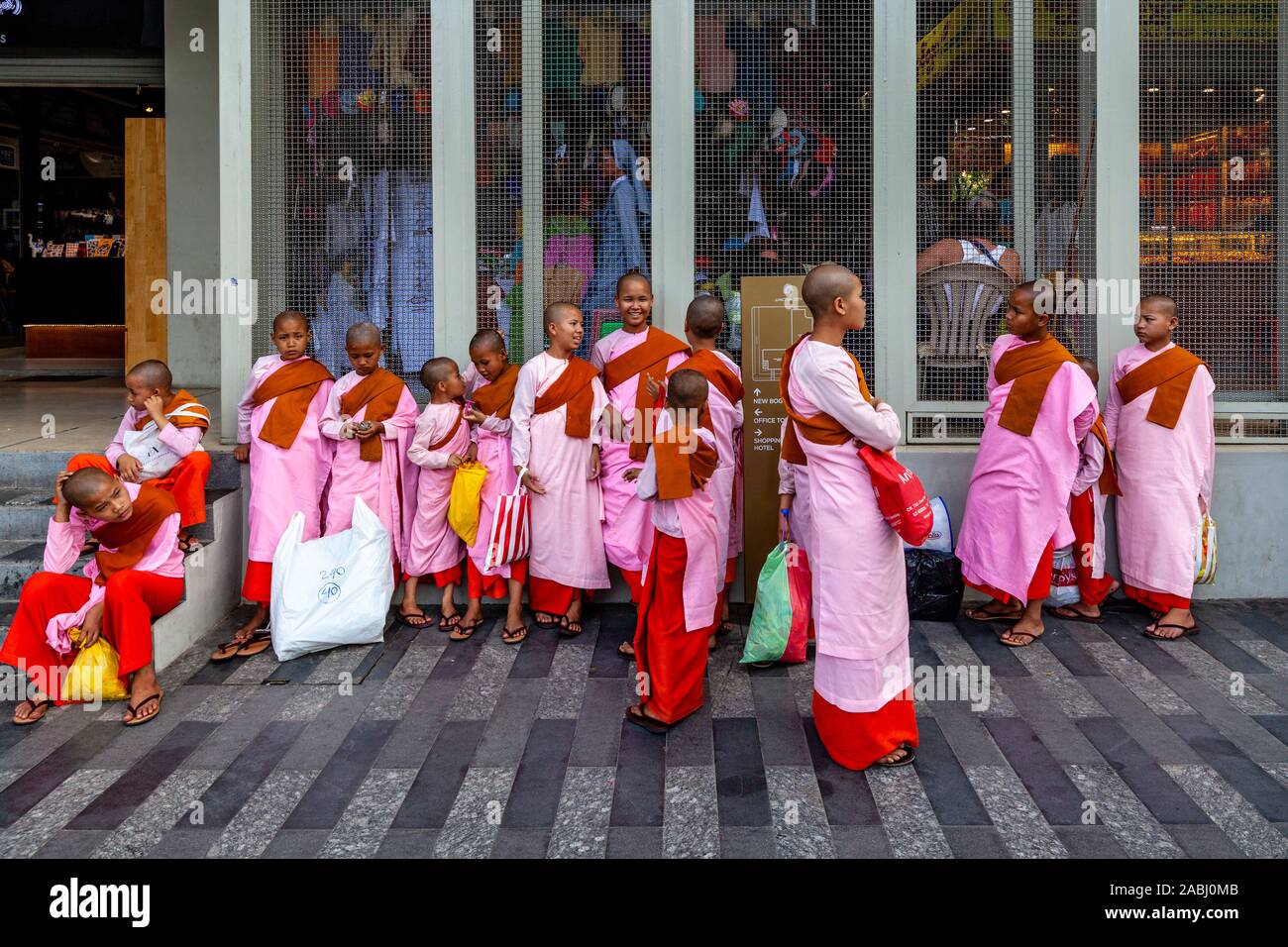 A Group Of Young Thilashin (Young Buddhist Nuns) Yangon, Myanmar. Stock Photo